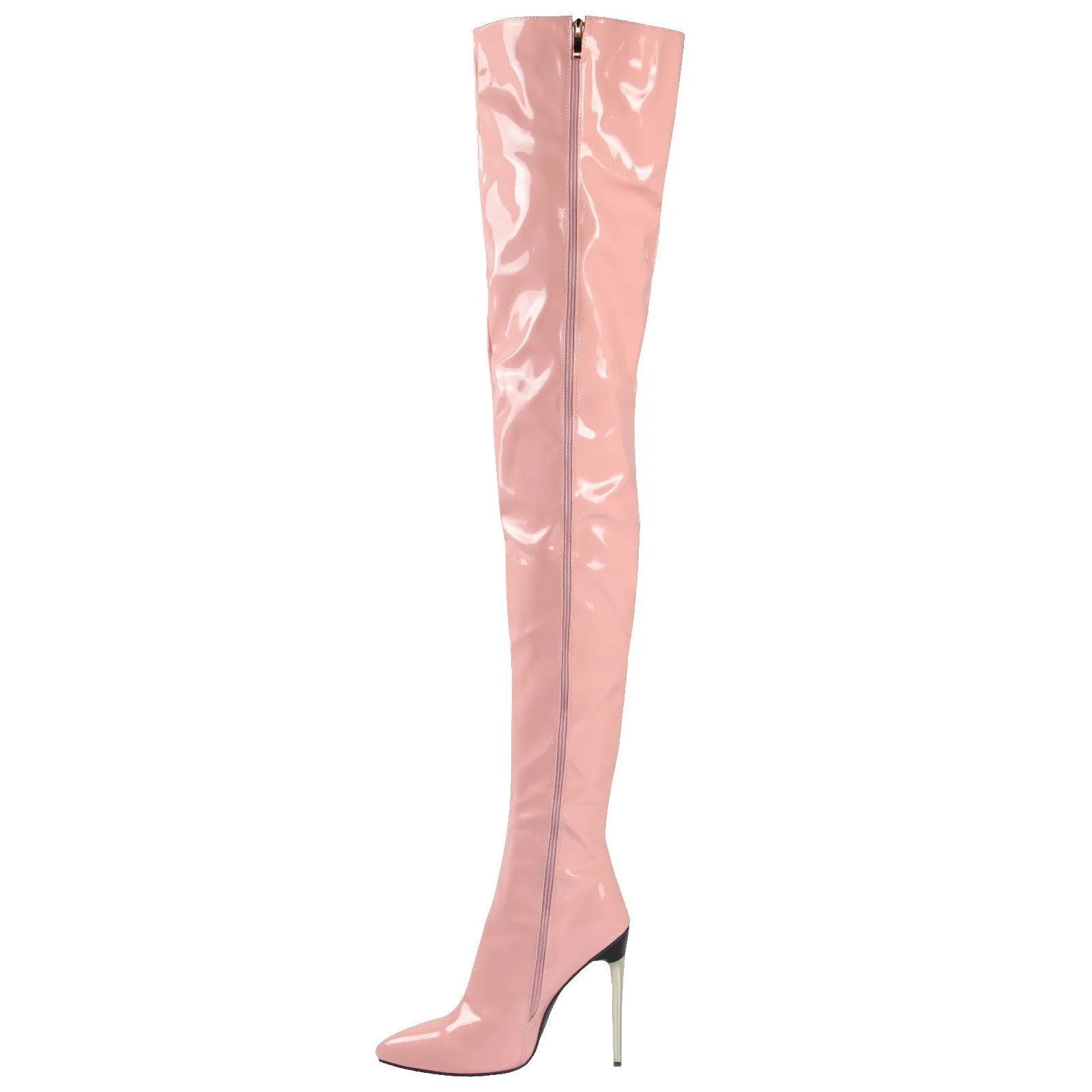 Lady's plus-size over-the-knee fashion boots with metal heels in black, side zipper, size 35-48