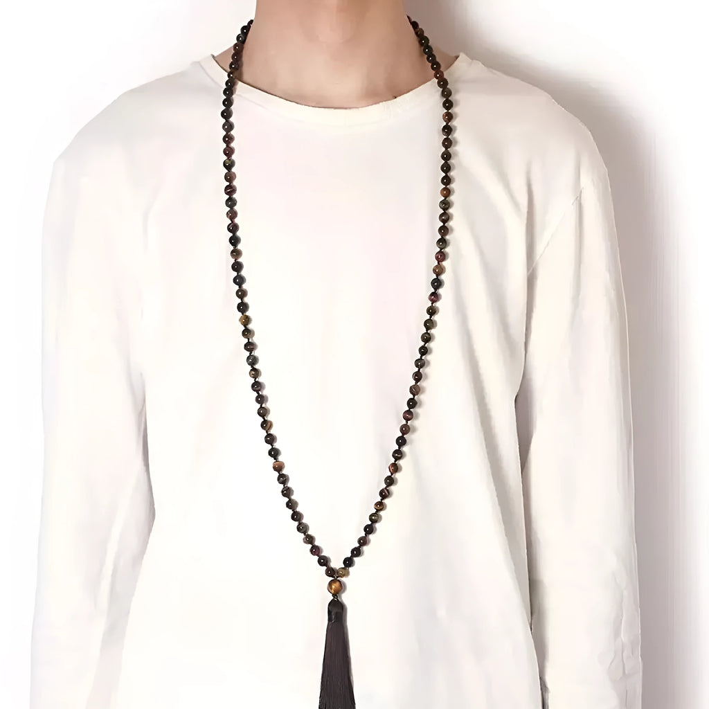 Geometric agate tassel necklace with multi-stone pattern showing Indian agate, turquoise, lapis lazuli, and amethyst beads