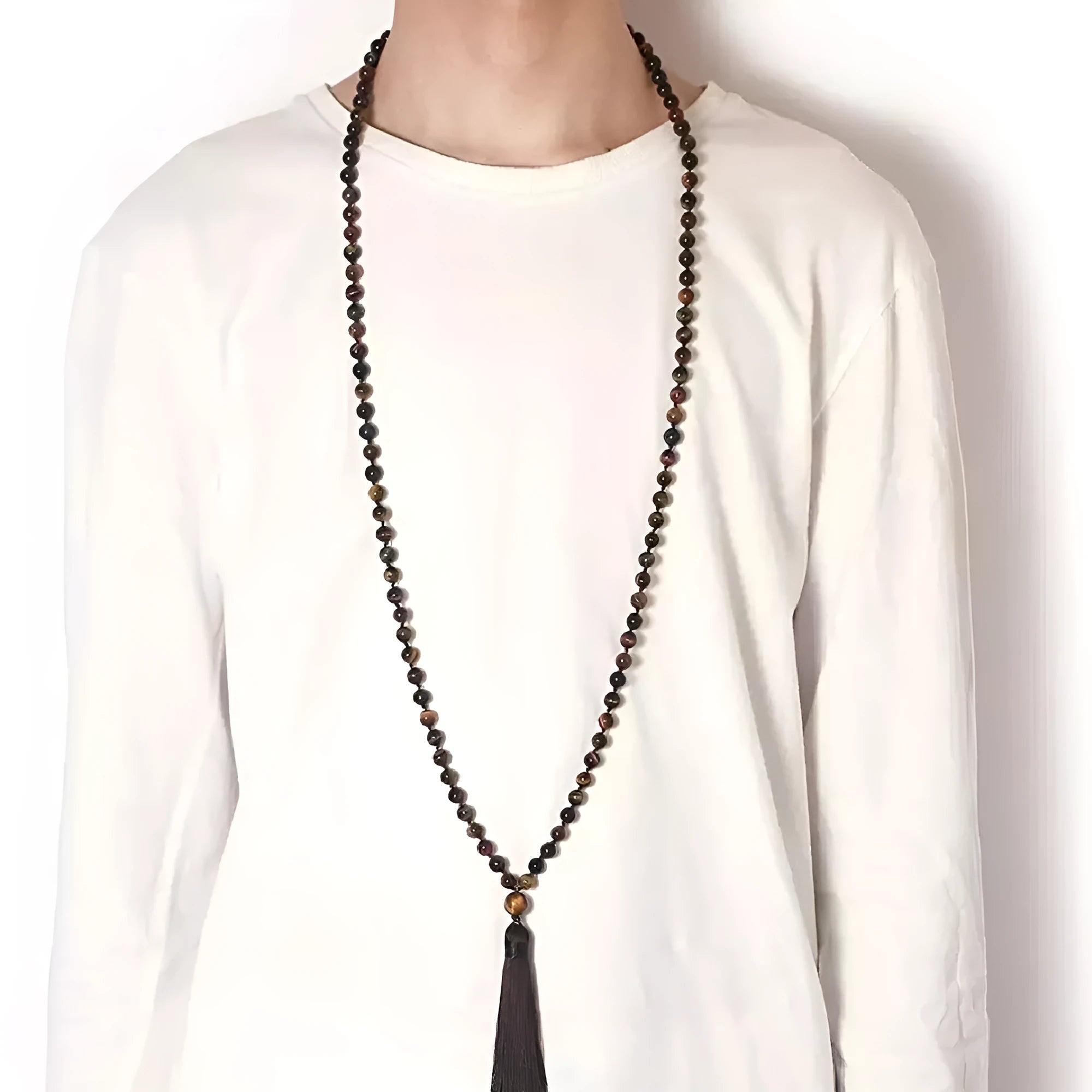 Geometric agate tassel necklace with multi-stone pattern showing Indian agate, turquoise, lapis lazuli, and amethyst beads