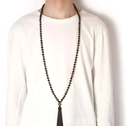 Geometric agate tassel necklace with multi-stone pattern showing Indian agate, turquoise, lapis lazuli, and amethyst beads