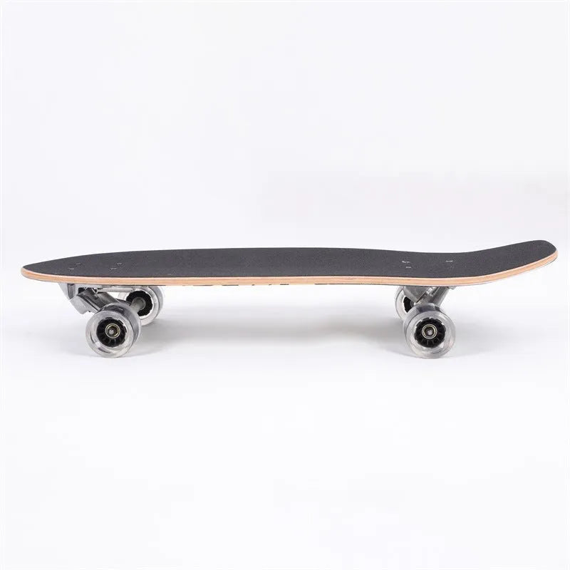 White wooden street scooter with 31-inch maple deck, shown assembled.