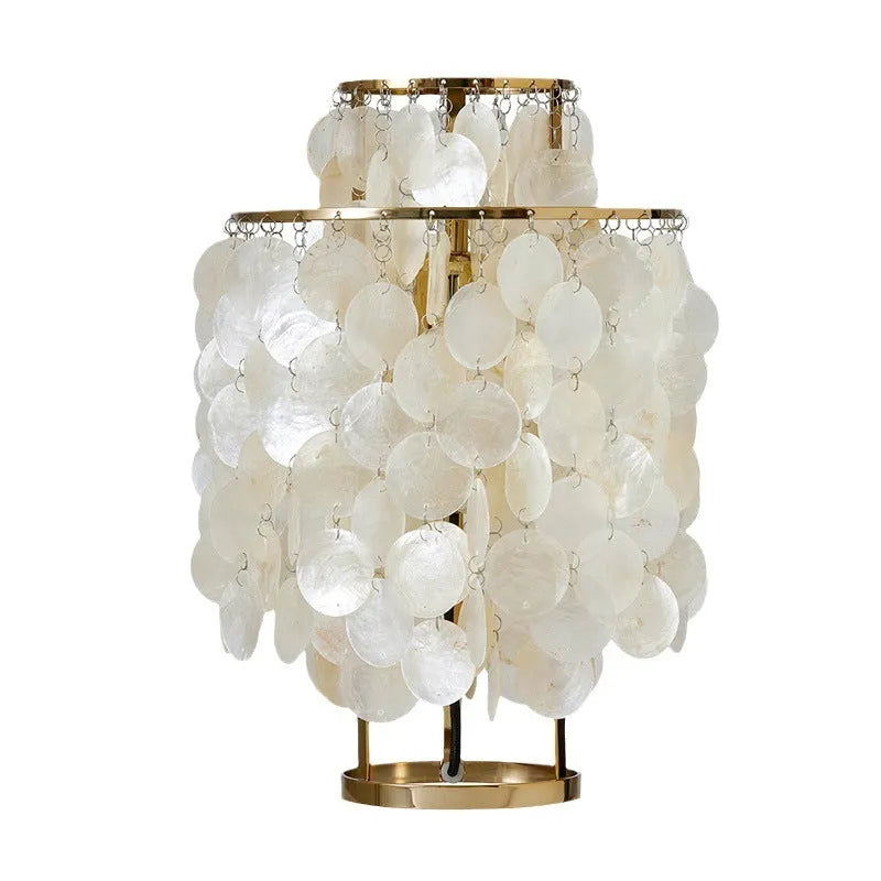 Modern shell-shaped table lamp in chrome or gold finish, 46cm tall.