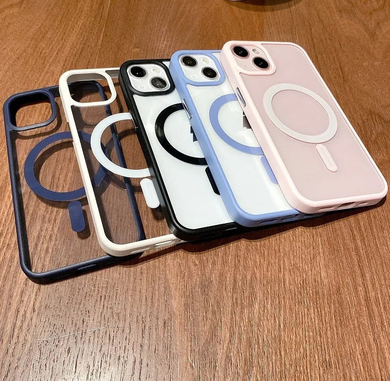 Transparent acrylic MagSafe phone case for iPhone with magnetic ring visible through clear back