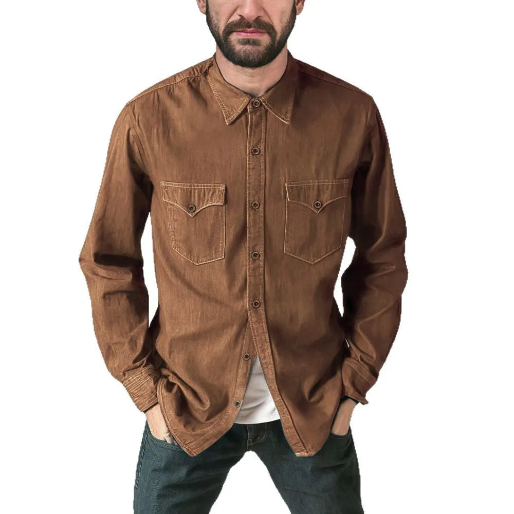 A khaki cotton denim cardigan coat hanging, showing its open front and regular fit.