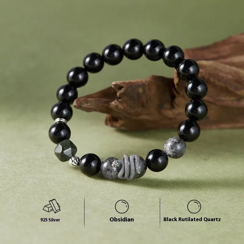 Men's S925 sterling silver snake bracelet with obsidian black hair crystal and retro zodiac design