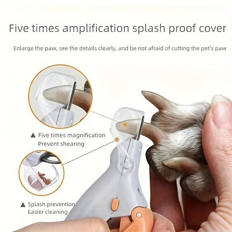 Yellow LED pet nail trimmer with magnifying glass, showing steel blades and on/off switch.