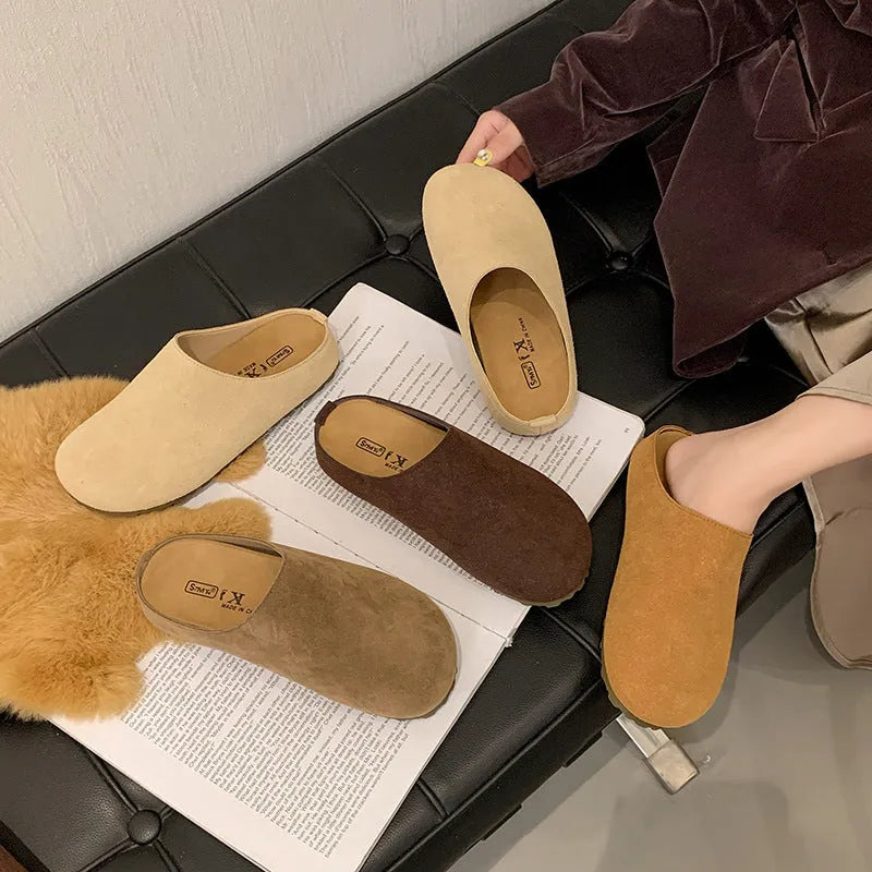 Korean style square head outdoor slippers in apricot, khaki, camel, and brown colours