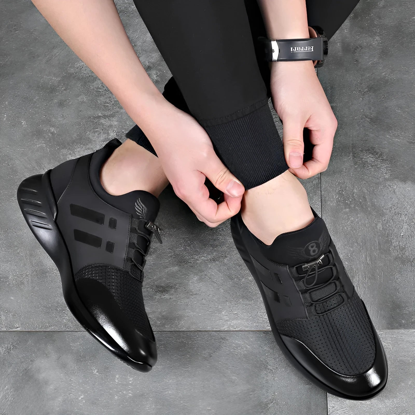 Men's black casual sneakers with round toe and low-top design for invisible height increase.