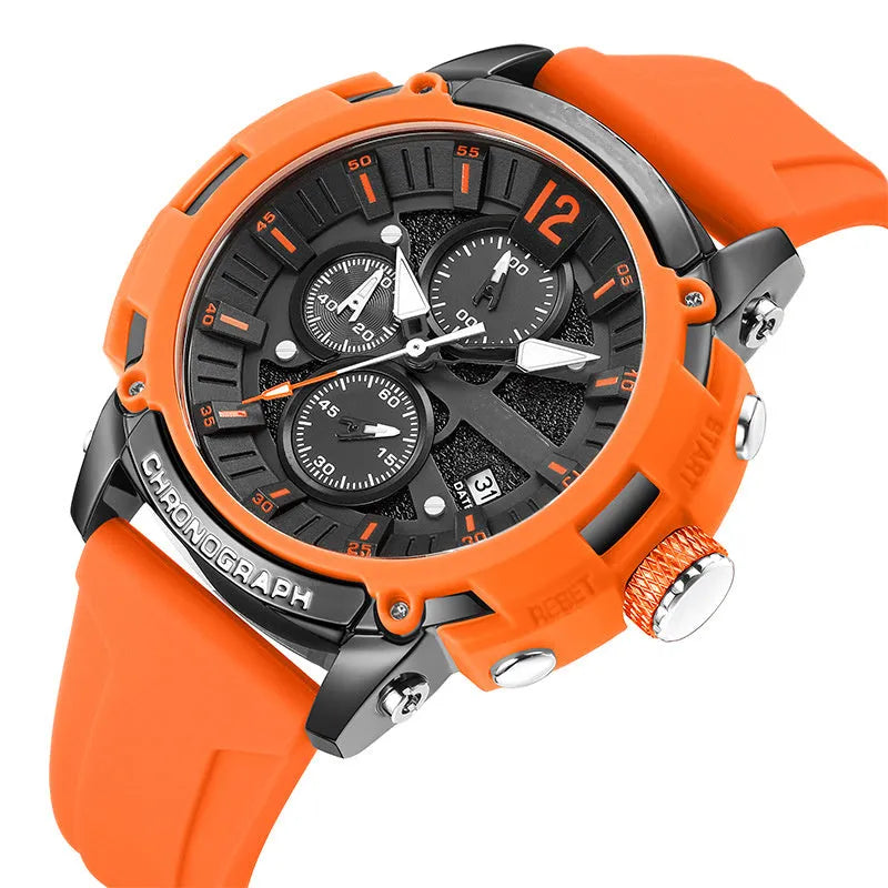 Men's digital watch with luminous display showing time and calendar, water resistant to 30 metres