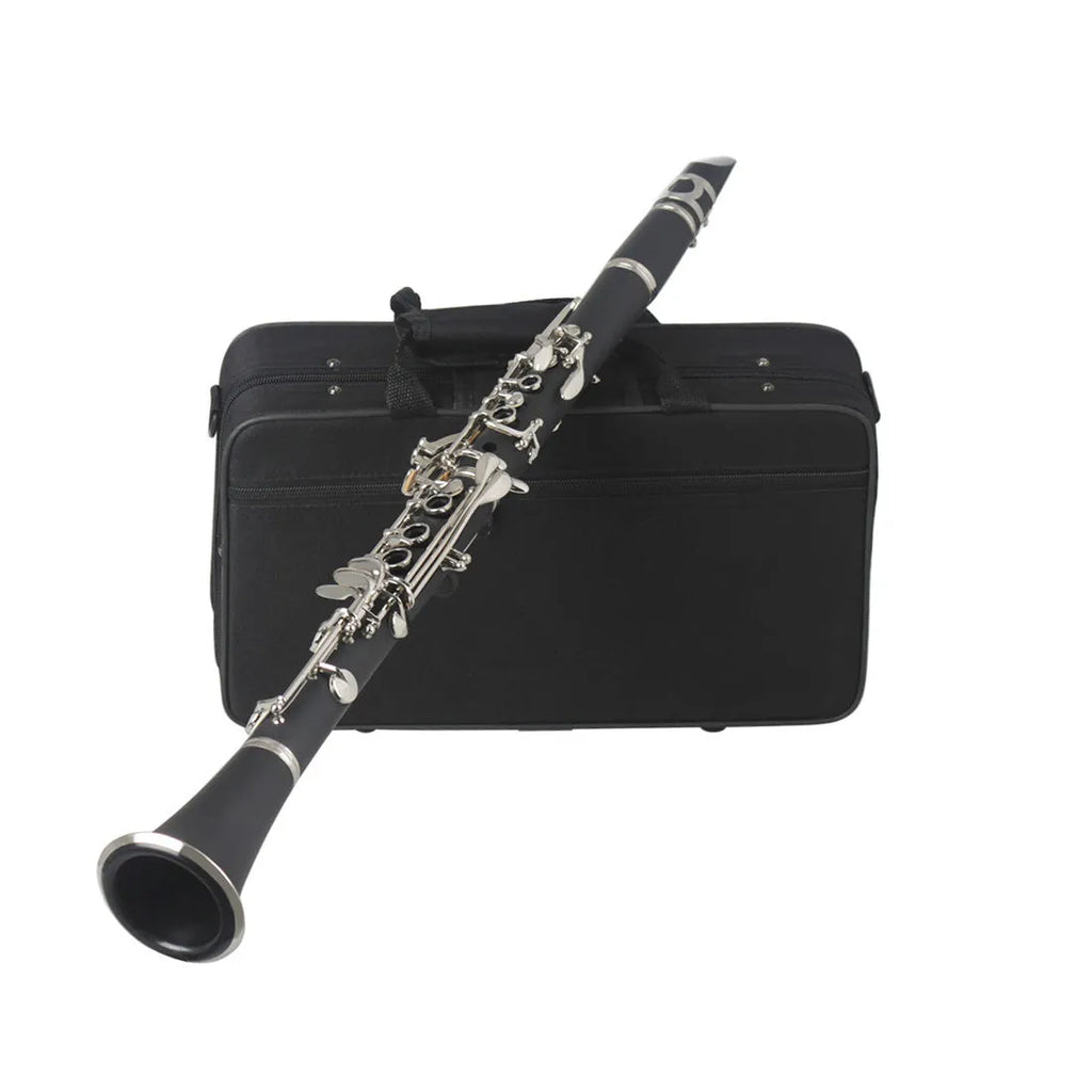 Black Bakelite beginner clarinet with nickel keys and a black carrying bag.