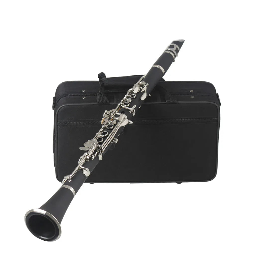 Black Bakelite beginner clarinet with nickel keys and a black carrying bag.