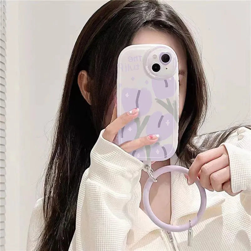 Purple tulip transparent TPU phone case for iPhone with purple bracelet on a white background