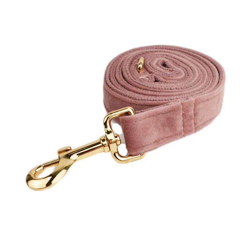 Light purple pink velvet dog collar with matching cloth accessories including leash and bow tie