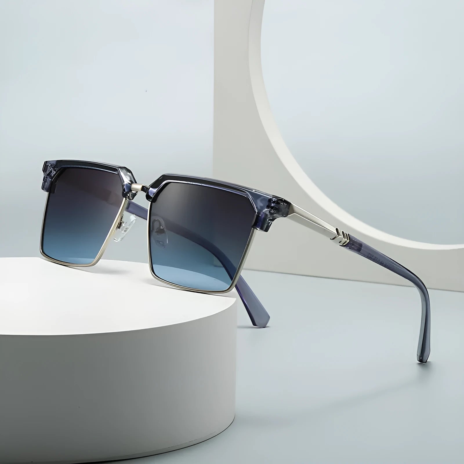 Men's square box-style sunglasses with plastic frames, shown in multiple colour options including black, tea, green, and blue.
