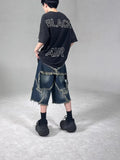 Blue denim shorts with frayed five-pointed star design and loose fit for summer casual wear