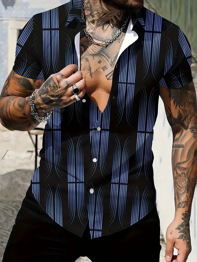 Men's slim fit short sleeve shirt with geometric line printing on the lapel, cardigan style, in a light colour.