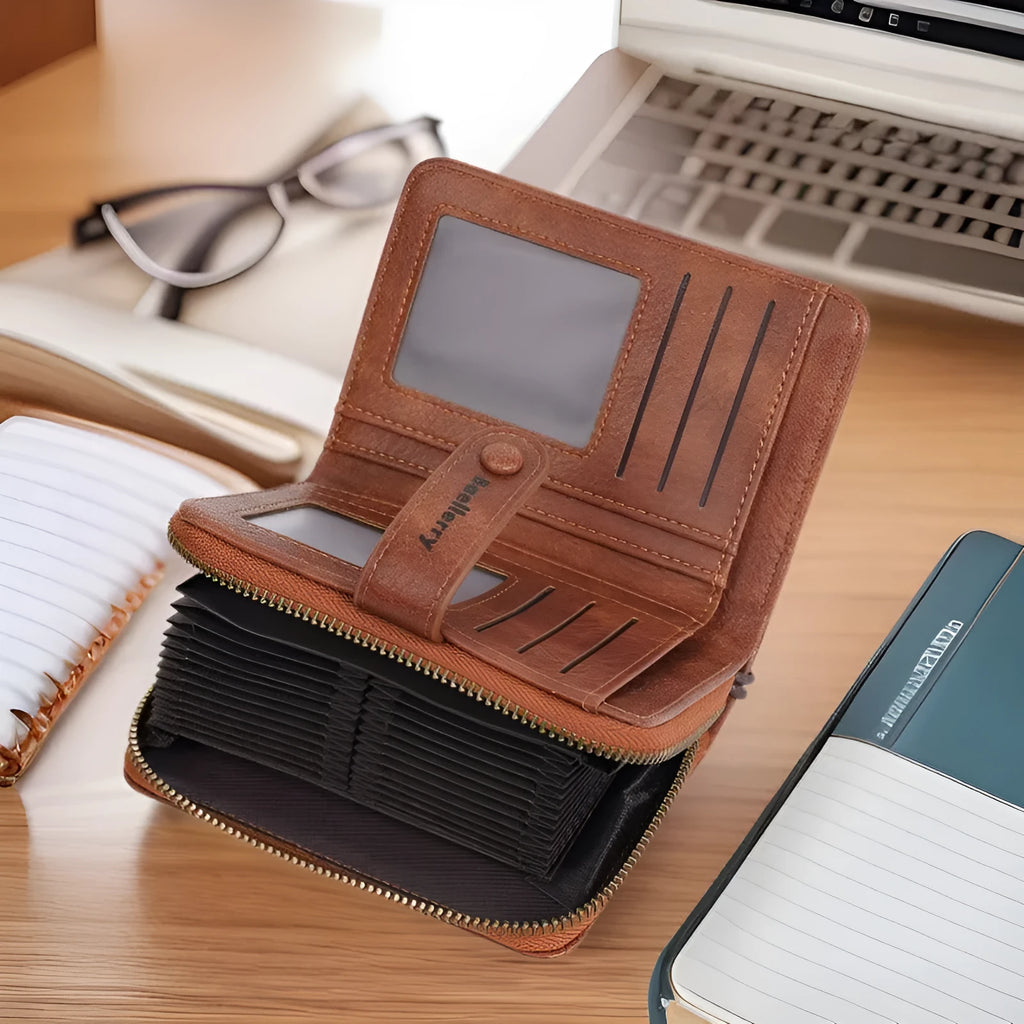 Women's black PU leather zipper coin purse open to show card slots and coin compartment.