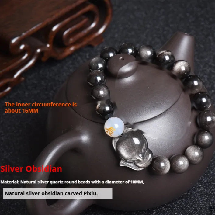 Natural obsidian bracelet with zodiac charm in gold, silver, or black stone styles.