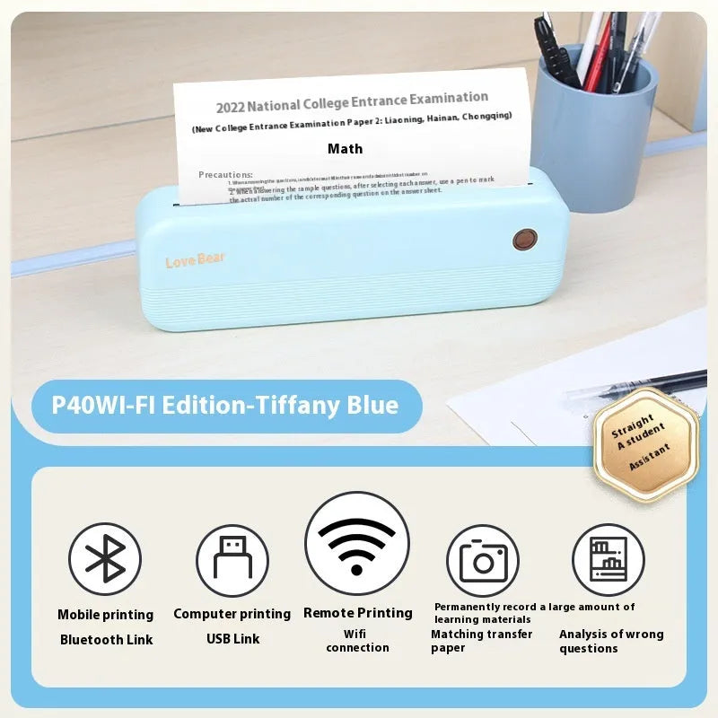 Ailixiong P40 small portable thermal printer in white or Tiffany blue on a desk.