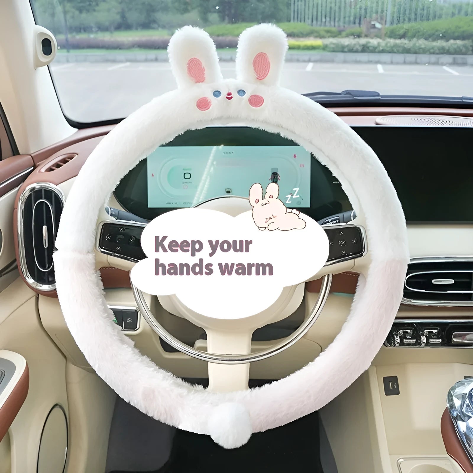 Plush steering wheel cover with embroidered bear design, shown fitted on a car steering wheel.