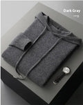 Men's light grey cashmere knitted hoodie and matching long pants casual set laid flat.