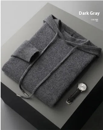 Men's light grey cashmere knitted hoodie and matching long pants casual set laid flat.