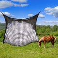 Black woven PE rope grid hanging feeding bag for horses and livestock.