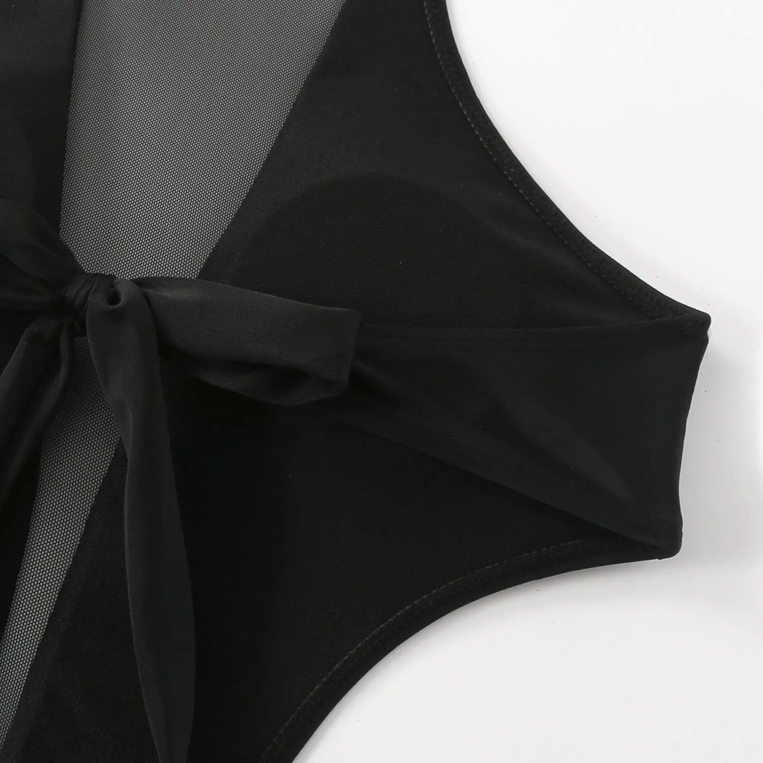 Black one-piece swimsuit with hollow-out strap design across back