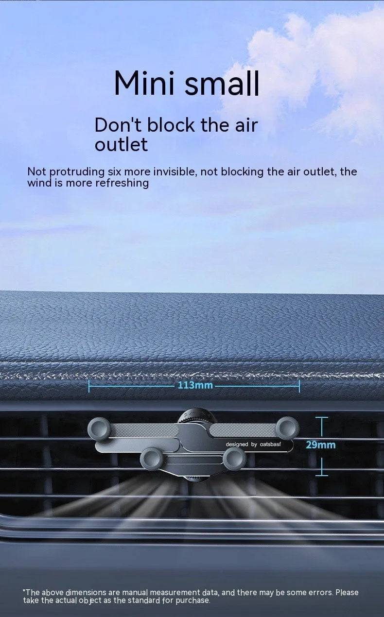 Invisible alloy on-board car phone bracket showing knob air outlet and paste mounting versions in black colour