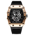 Men's sports waterproof quartz watch black rubber strap barrel dial mineral glass