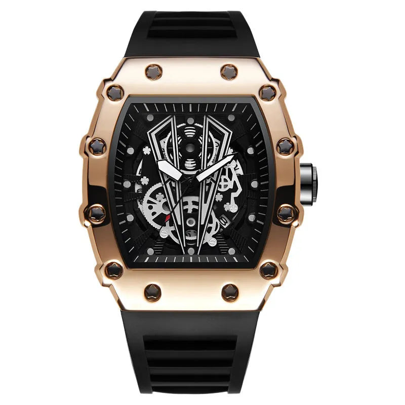 Men's sports waterproof quartz watch black rubber strap barrel dial mineral glass
