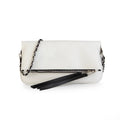 Women's foldable chain messenger clutch bag in black with cross-body shoulder straps and sandwich zipper compartment