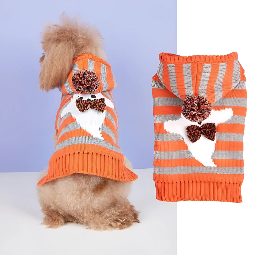 Orange striped knitted pet sweater with hood and fur ball trim for small dogs or cats