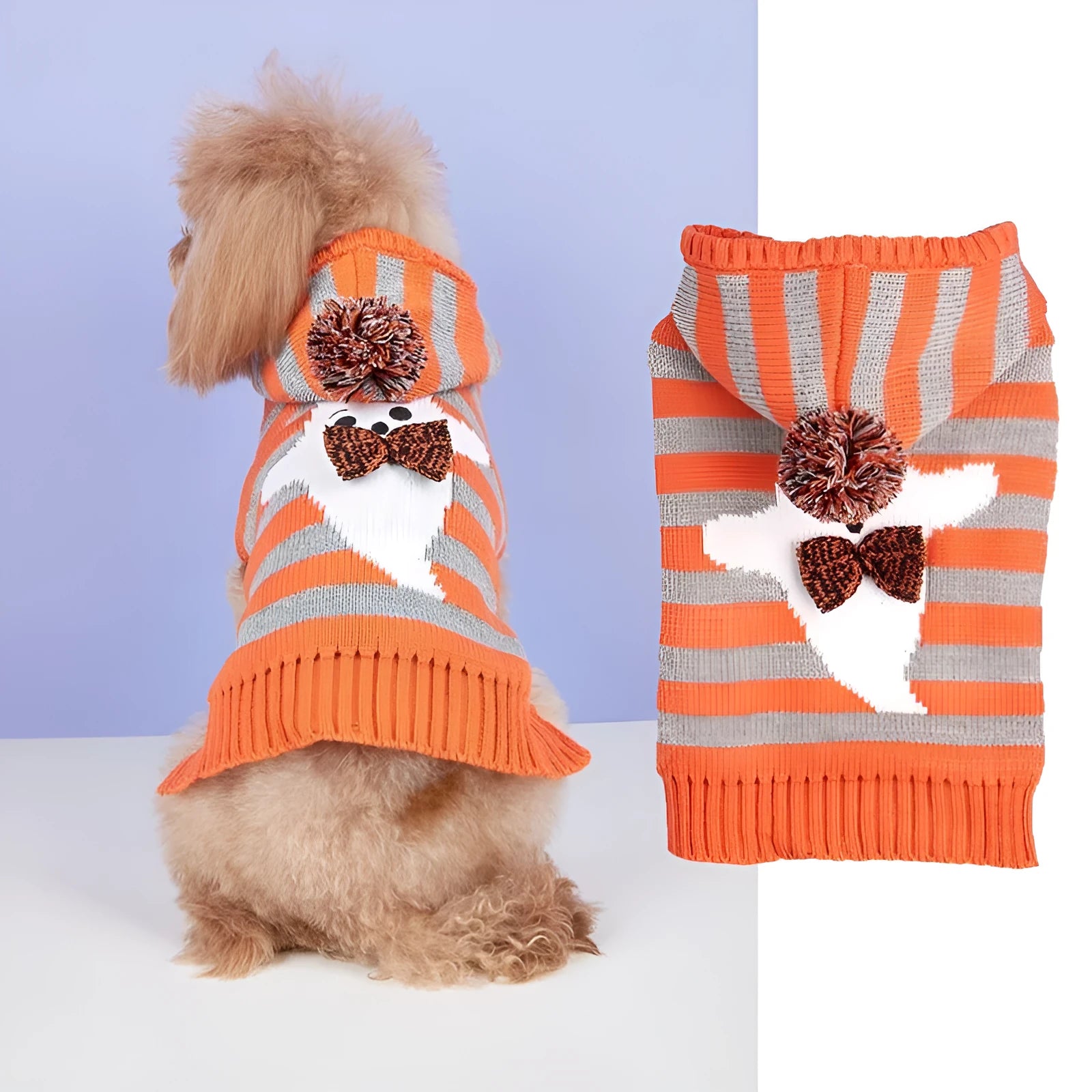 Orange striped knitted pet sweater with hood and fur ball trim for small dogs or cats