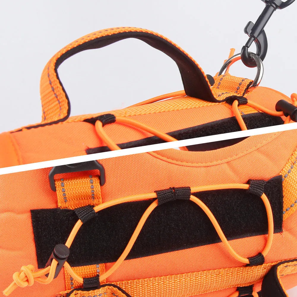 Orange reflective dog harness with explosion-proof design and a black hand-holding rope attached.