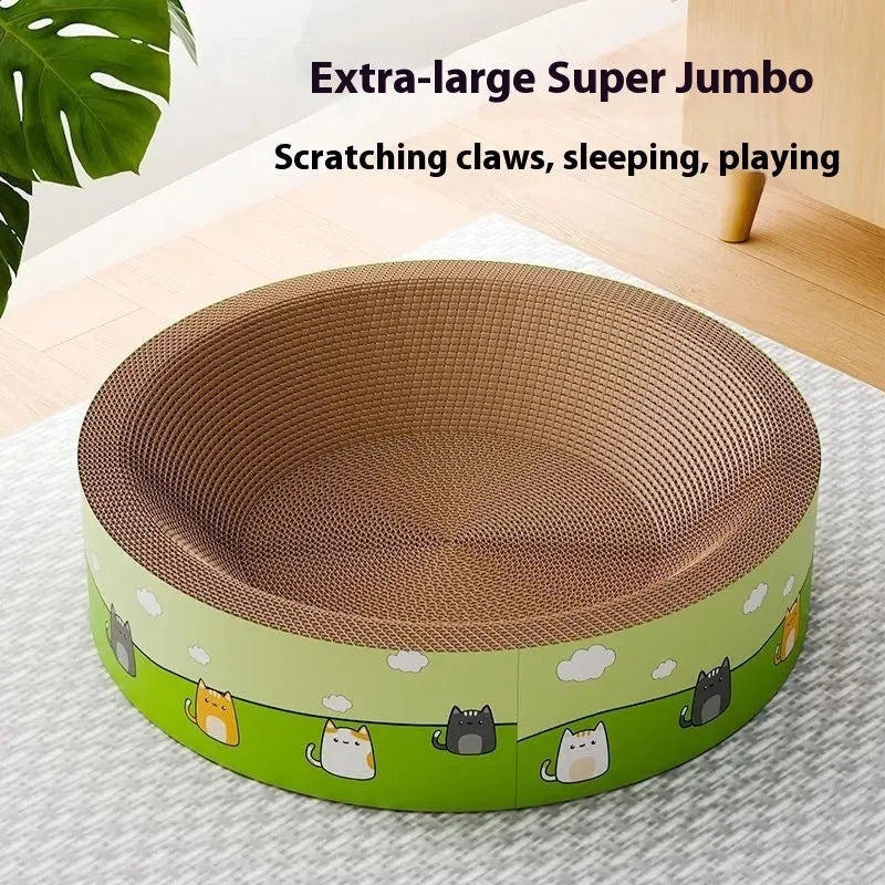 A large round deep-groove cat scratch board made from brown corrugated paper, sitting on a wooden floor.