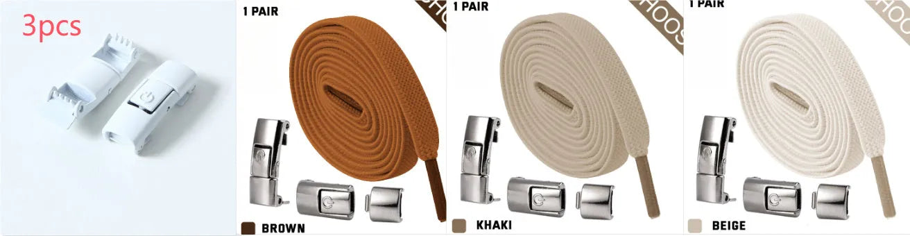 Set of press lock elastic no-tie shoelaces in 8mm widened flat design on a white background.