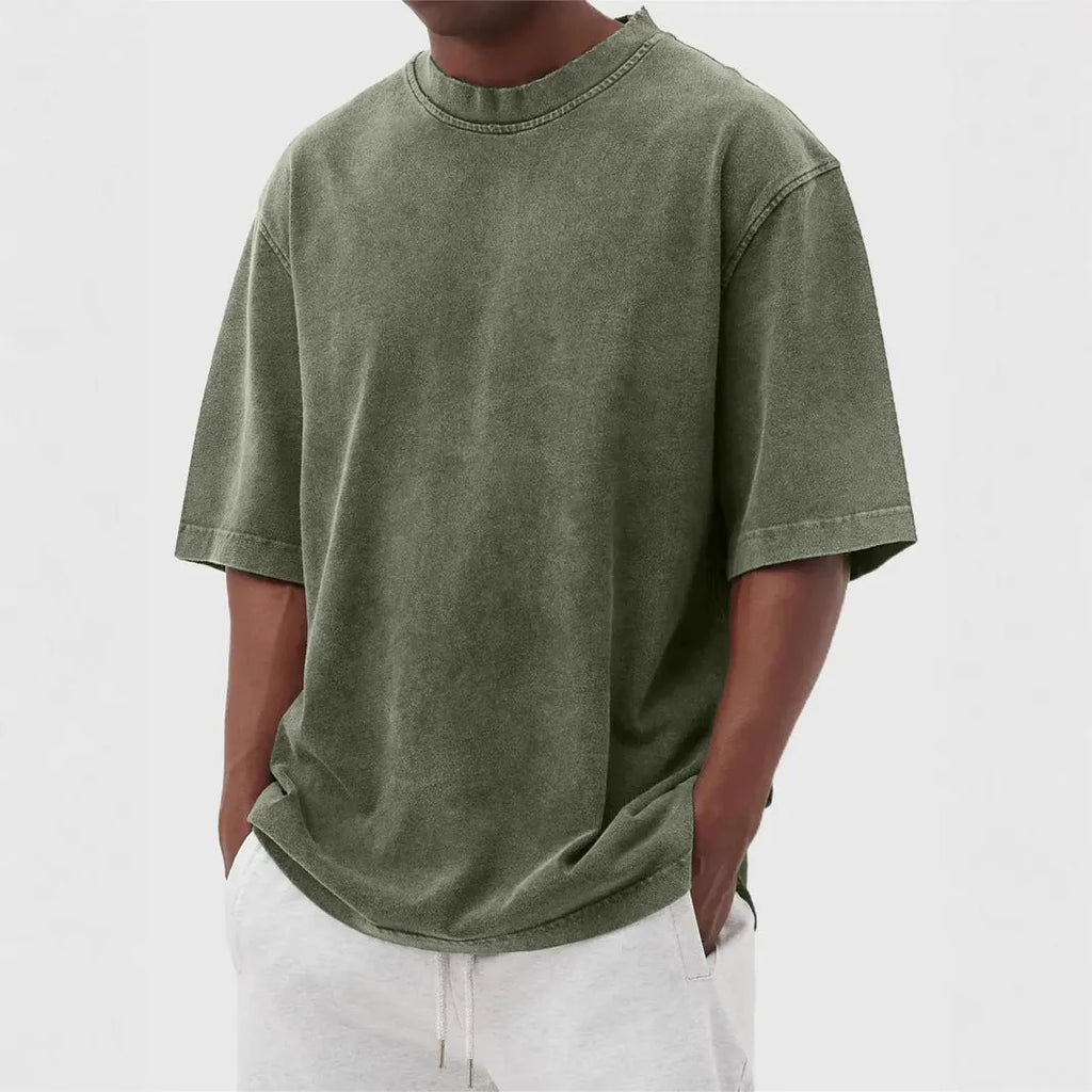 Men's stone-washed loose-fit pullover T-shirt in army green distressed solid colour