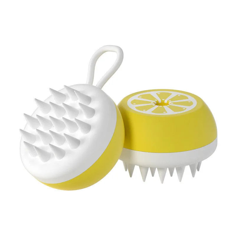 Yellow silicone pet bath brush with comb teeth and massage nodes on a 2-in-1 head.