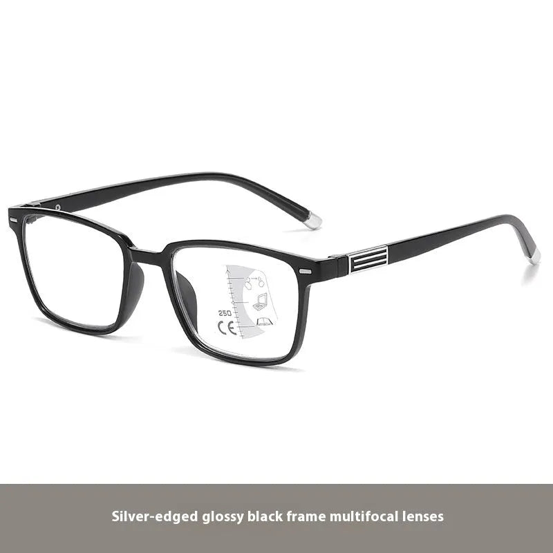 Multifocal anti-blue light reading glasses with colour-changing lenses in a black and silver frame style.