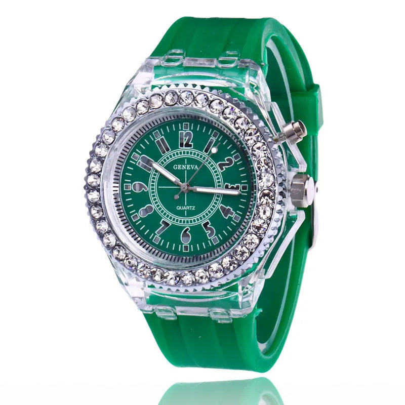 Women's LED luminous watch with round 43mm dial and silicone bracelet in multiple colour options