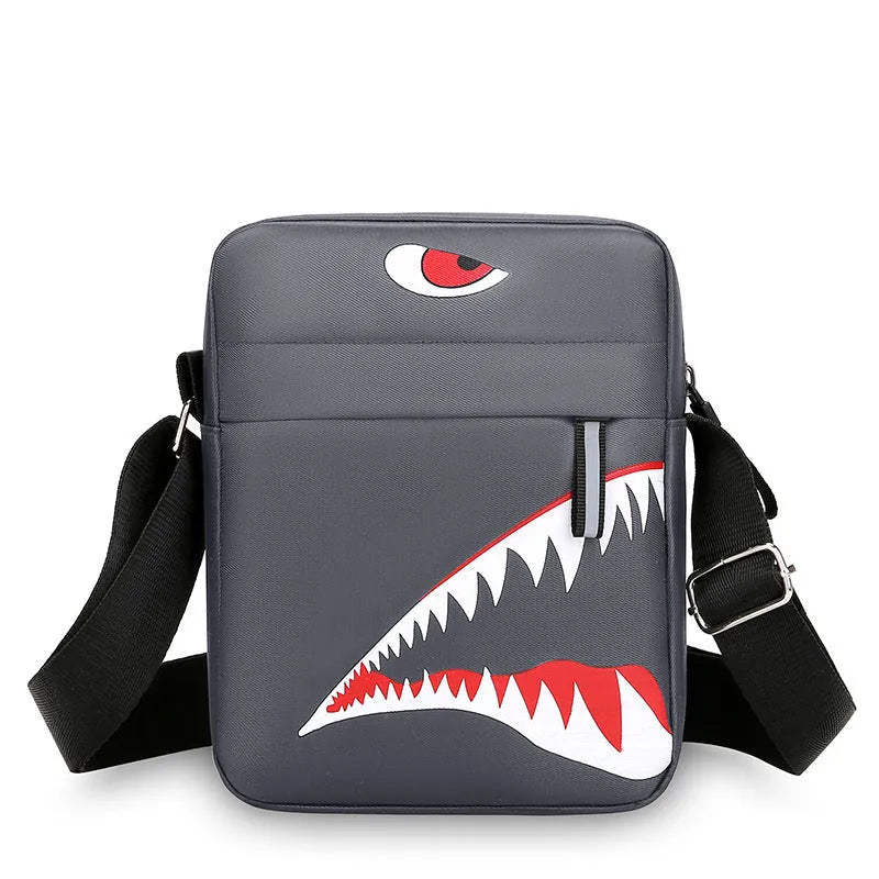 Men's small black Oxford cloth crossbody bag with animal print design and shoulder strap