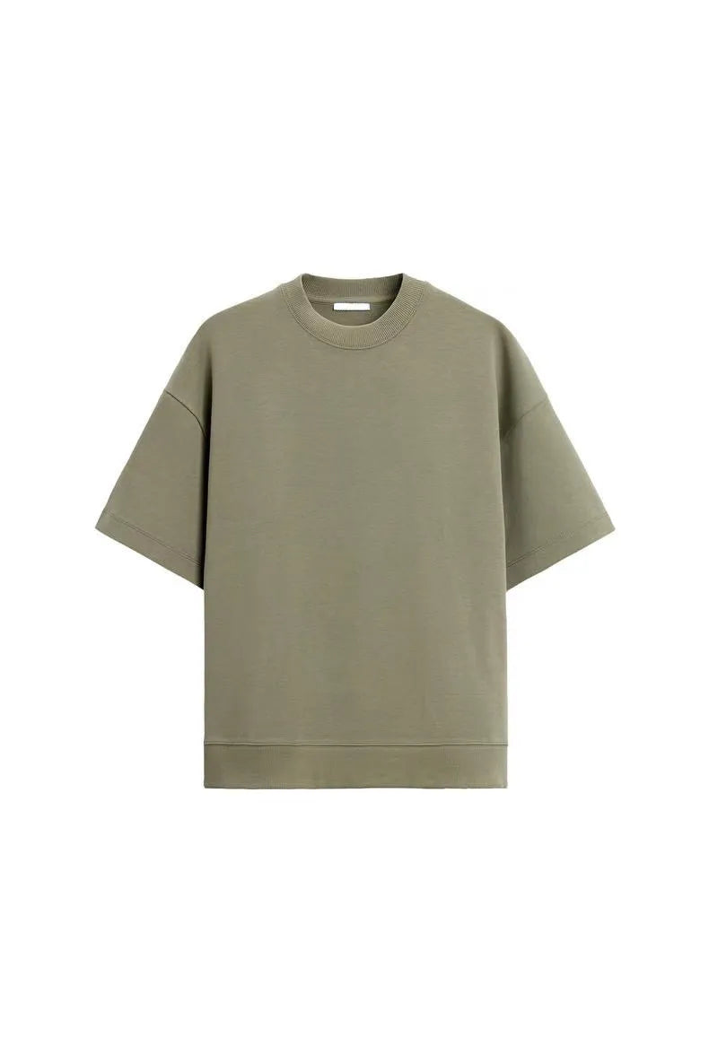 Loose blue polyester short sleeve top and matching shorts set on a hanger.