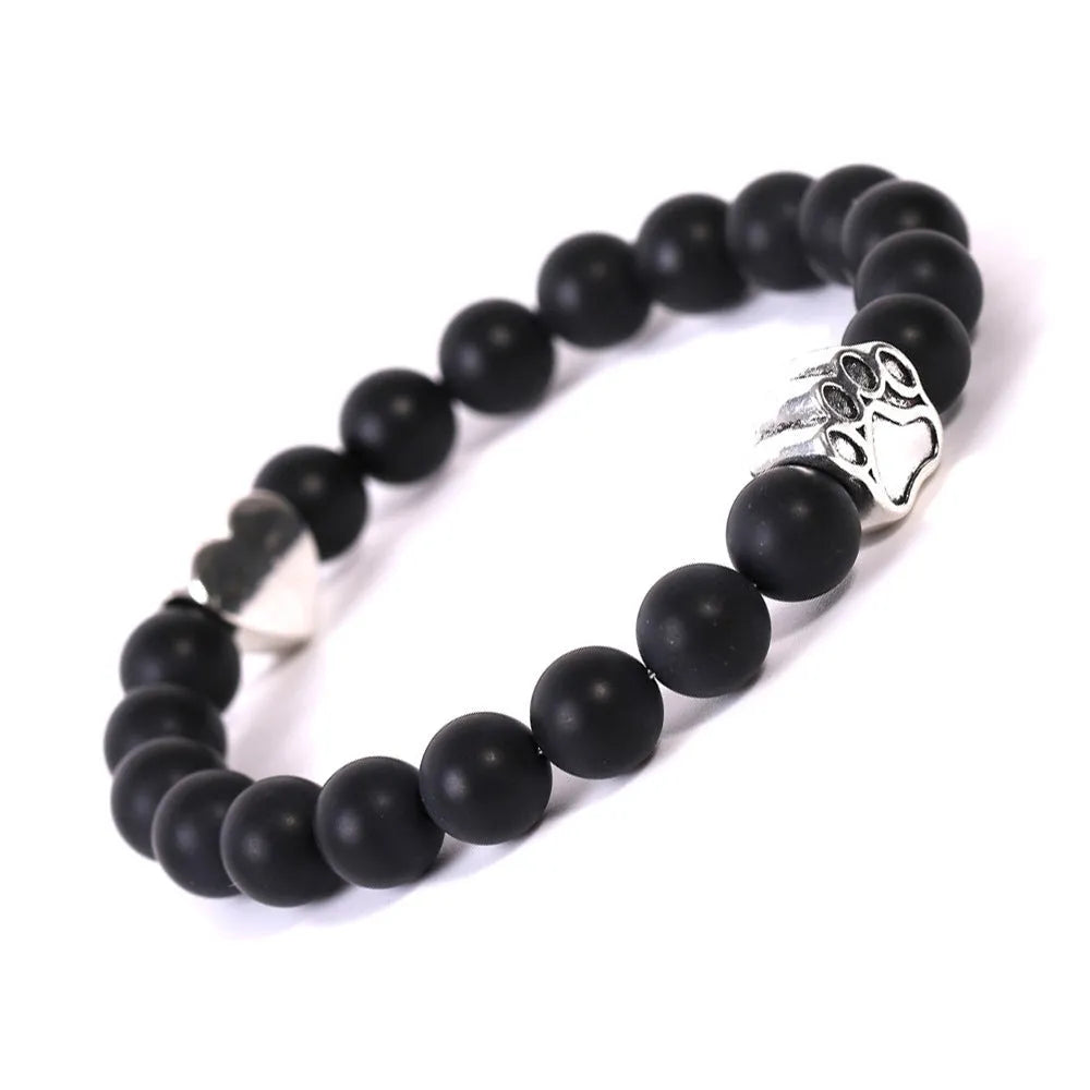 Tigereye Indian Agate stone bracelet shaped like a dog's paw with an engraved love heart.