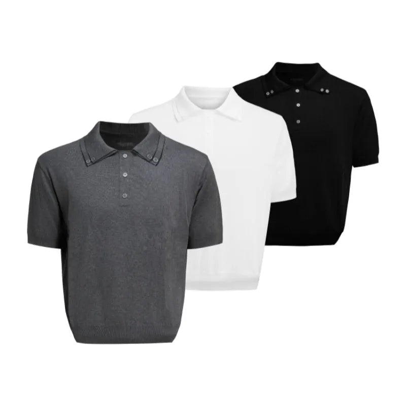Men's black slim knit short sleeve shirt with double collar design and fastener decoration