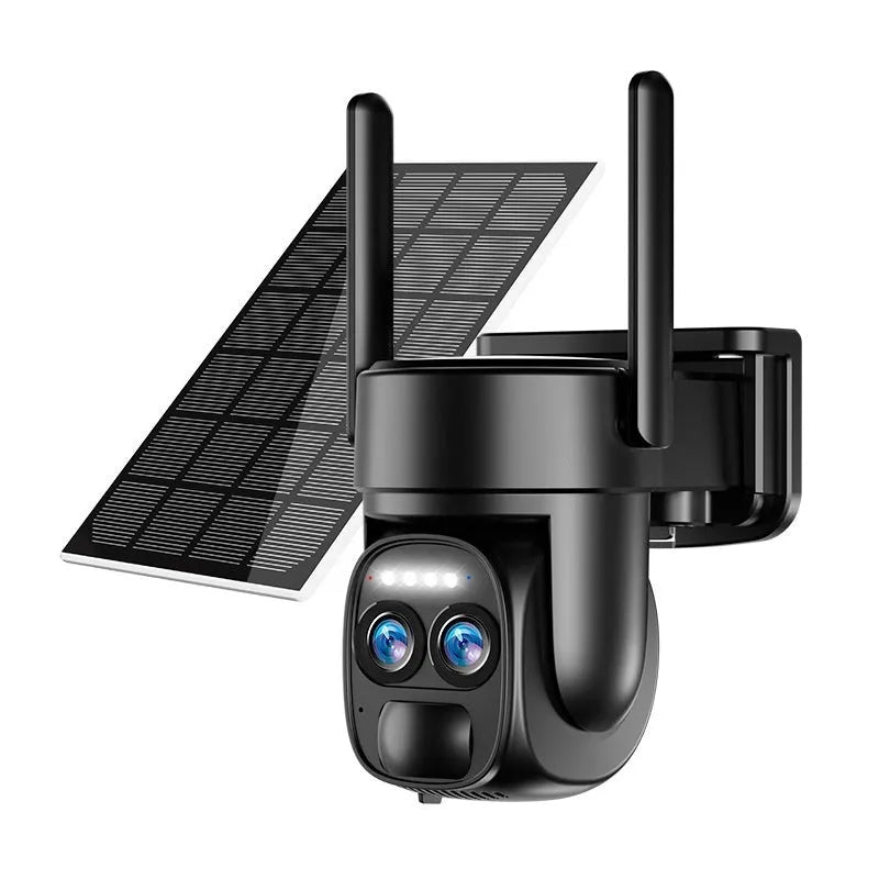 Solar-powered security camera with 8x zoom lens in outdoor setting