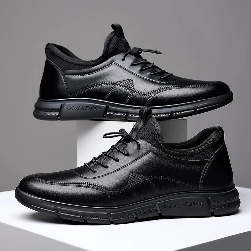Men's black leather casual shoes with waterproof features and leather stitching details