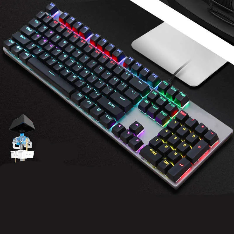 AOC GK410 wired mechanical keyboard with green switches and black keycaps on a desk, showing metal frame and USB cable.