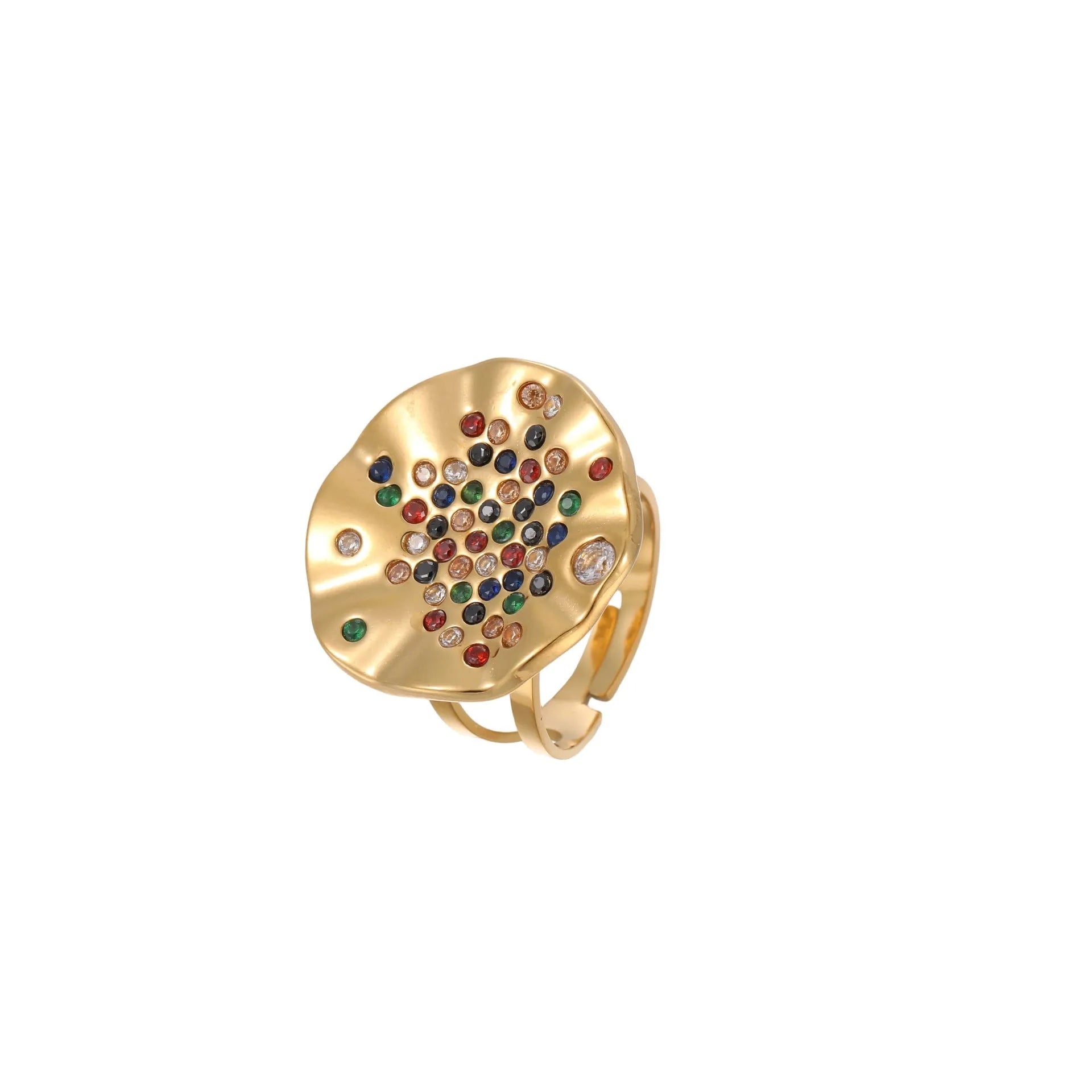Pleated geometry stainless steel ring with colour diamond inlay and open mouth adjustable design