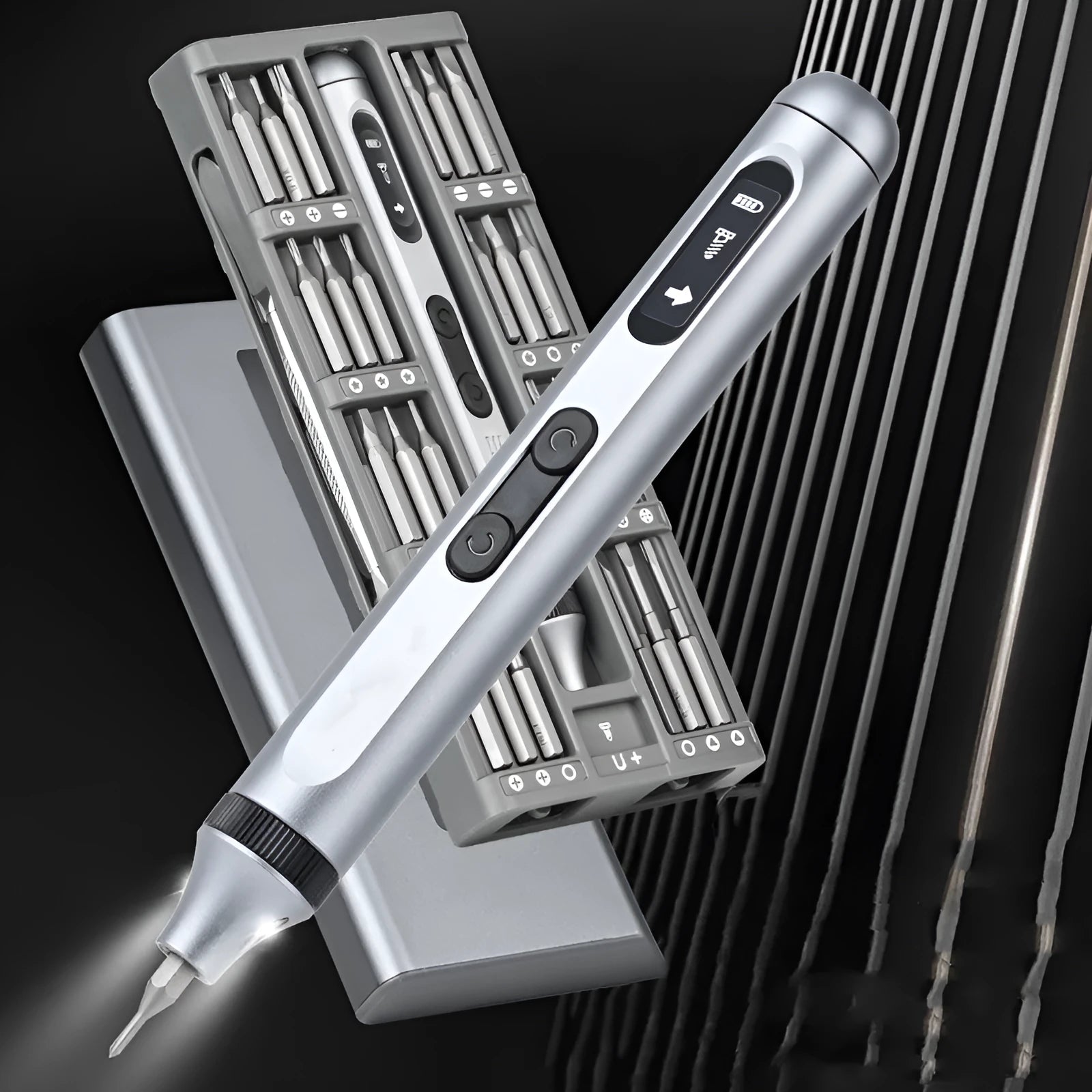 Compact aluminium alloy electric screwdriver showing scale, with high torque specifications displayed.